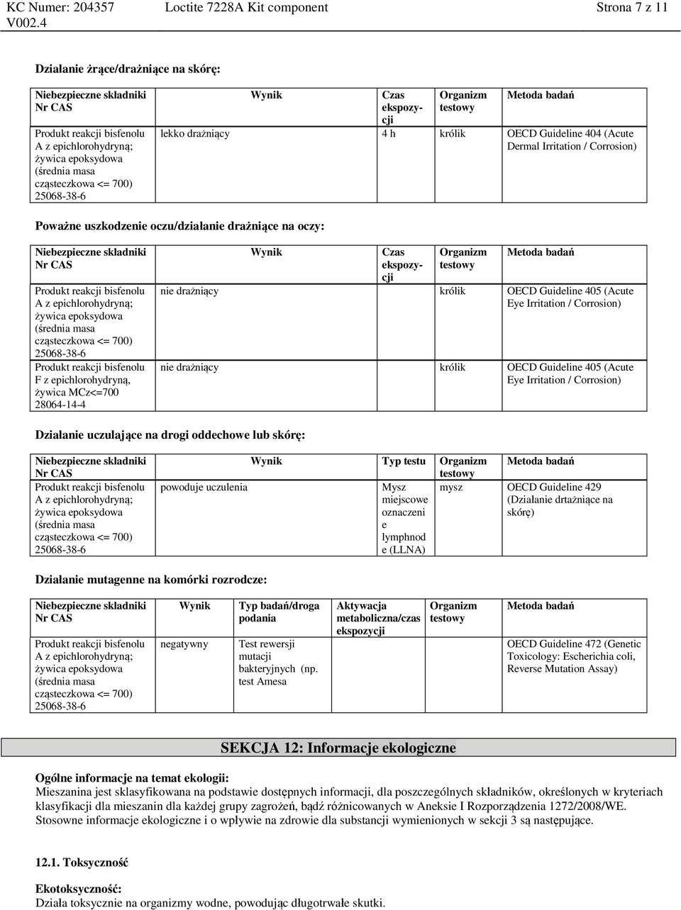 OECD Guideline 405 (Acute Eye Irritation / Corrosion) Działanie uczulające na drogi oddechowe lub skórę: Wynik Typ testu Organizm powoduje uczulenia Mysz mysz OECD Guideline 429 miejscowe (Działanie