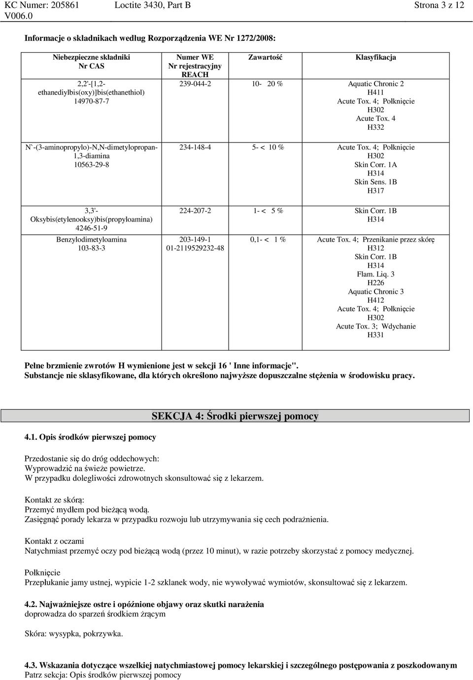 1,3-diamina 10563-29-8 3,3'- Oksybis(etylenooksy)bis(propyloamina) 4246-51-9 Benzylodimetyloamina 103-83-3 Numer WE Nr rejestracyjny REACH Zawartość Klasyfikacja 239-044-2 10-20 % Aquatic Chronic 2