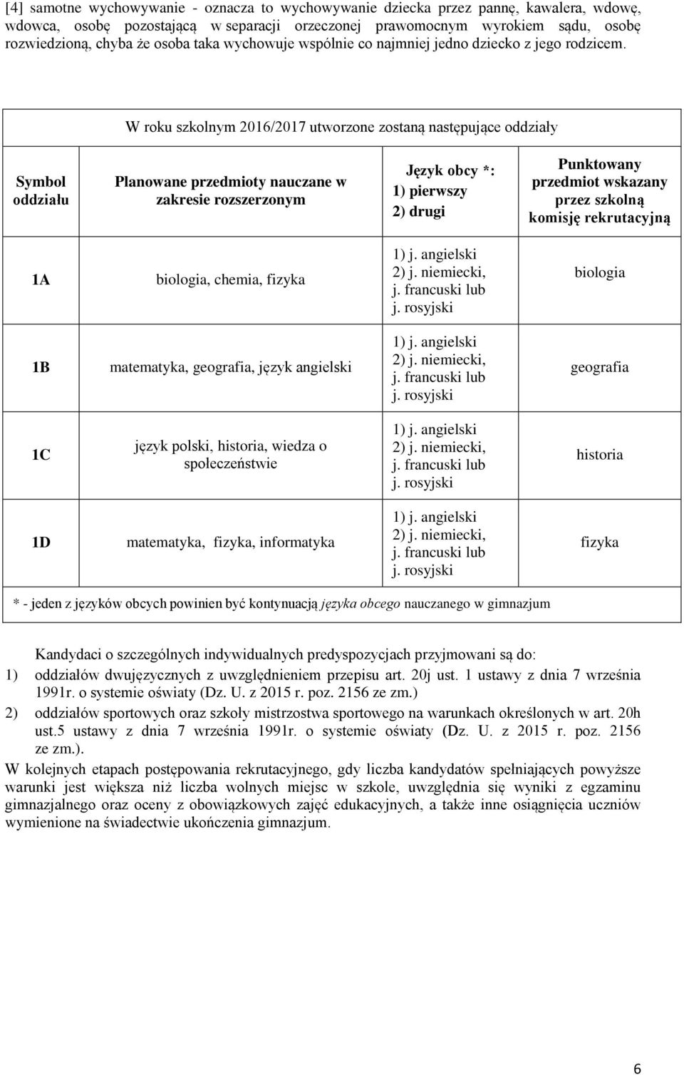 W roku szkolnym 2016/2017 utworzone zostaną następujące oddziały Symbol oddziału Planowane przedmioty nauczane w zakresie rozszerzonym Język obcy *: 1) pierwszy 2) drugi Punktowany przedmiot wskazany