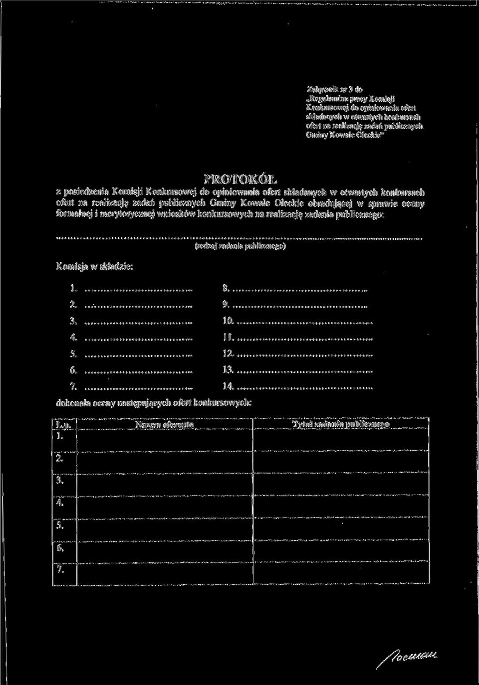 Oleckie obradującej w sprawie oceny formalnej i merytorycznej wniosków konkursowych na realizację zadania publicznego: Komisja w składzie: l (rodzaj zadania