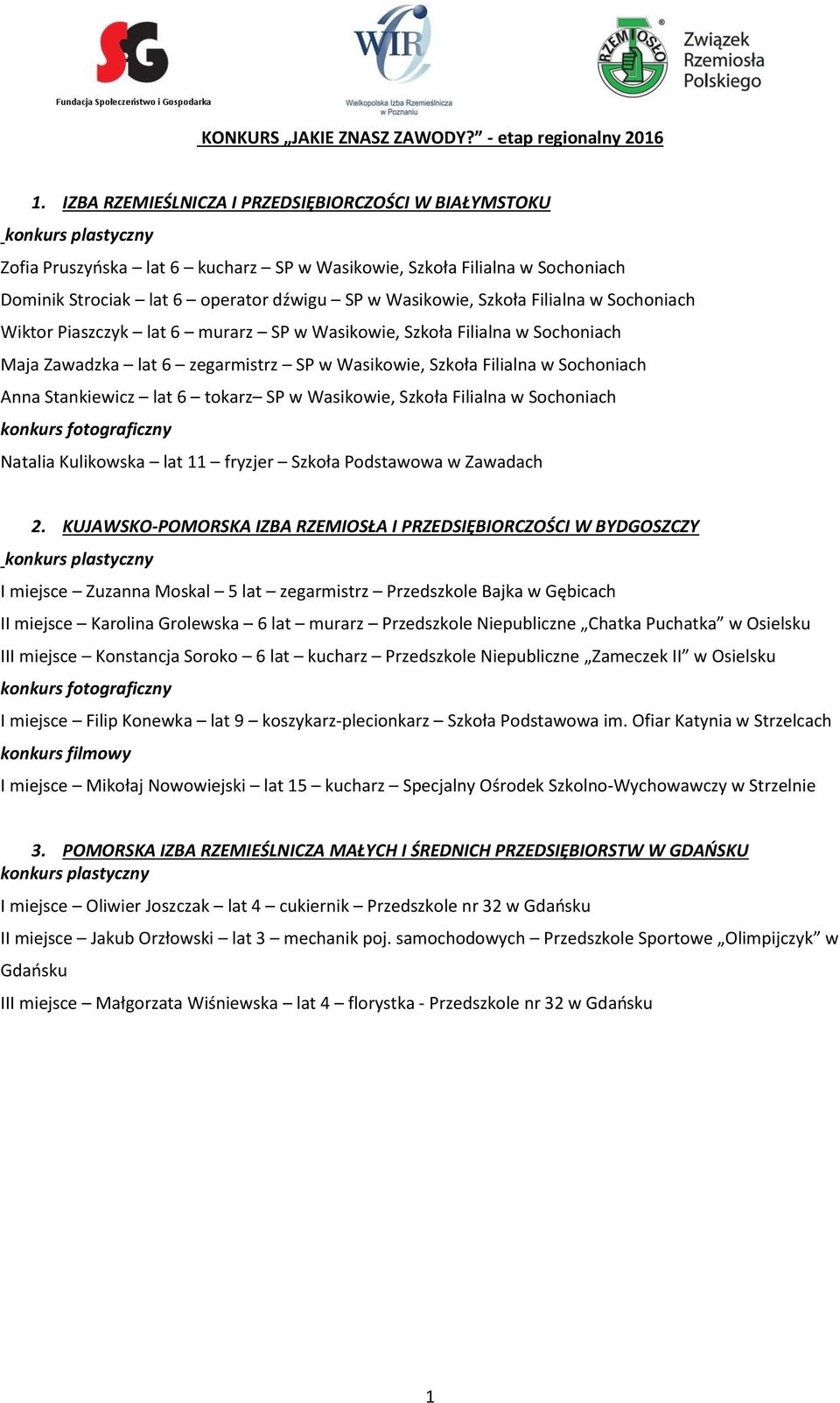 Filialna w Sochoniach Wiktor Piaszczyk lat 6 murarz SP w Wasikowie, Szkoła Filialna w Sochoniach Maja Zawadzka lat 6 zegarmistrz SP w Wasikowie, Szkoła Filialna w Sochoniach Anna Stankiewicz lat 6