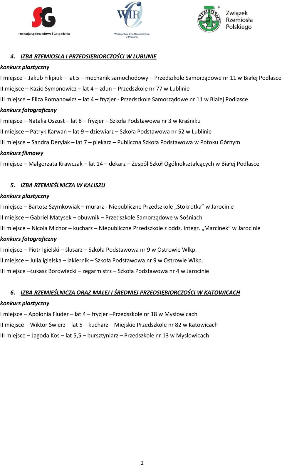 miejsce Patryk Karwan lat 9 dziewiarz Szkoła Podstawowa nr 52 w Lublinie III miejsce Sandra Derylak lat 7 piekarz Publiczna Szkoła Podstawowa w Potoku Górnym I miejsce Małgorzata Krawczak lat 14