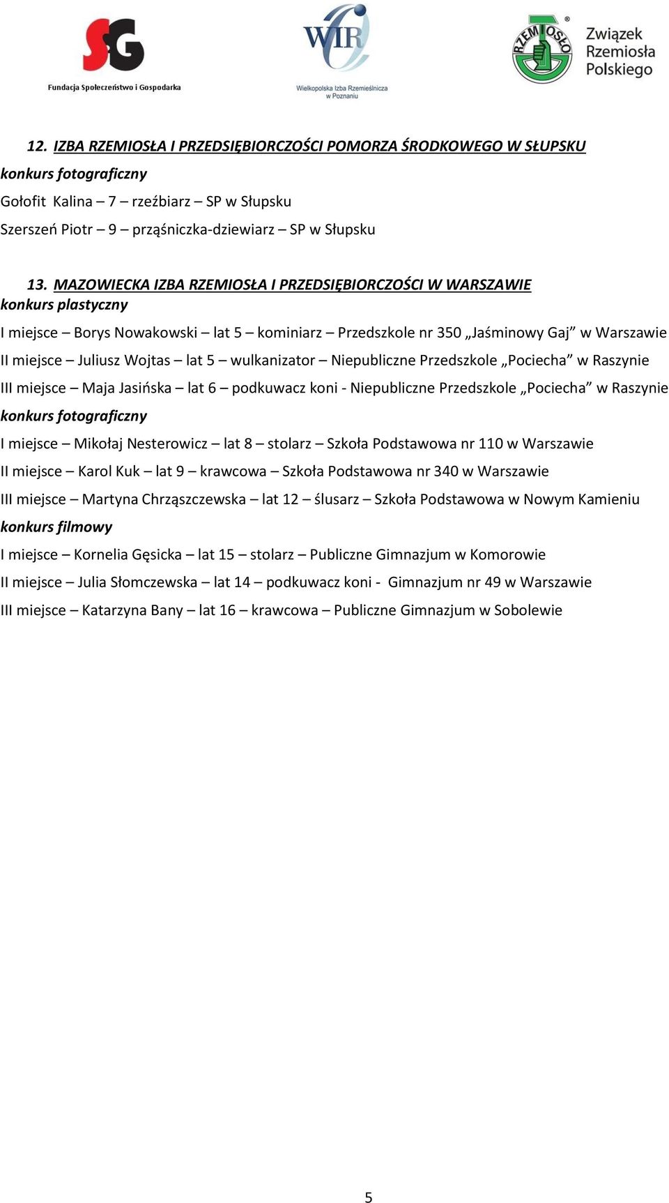 Niepubliczne Przedszkole Pociecha w Raszynie III miejsce Maja Jasińska lat 6 podkuwacz koni - Niepubliczne Przedszkole Pociecha w Raszynie I miejsce Mikołaj Nesterowicz lat 8 stolarz Szkoła