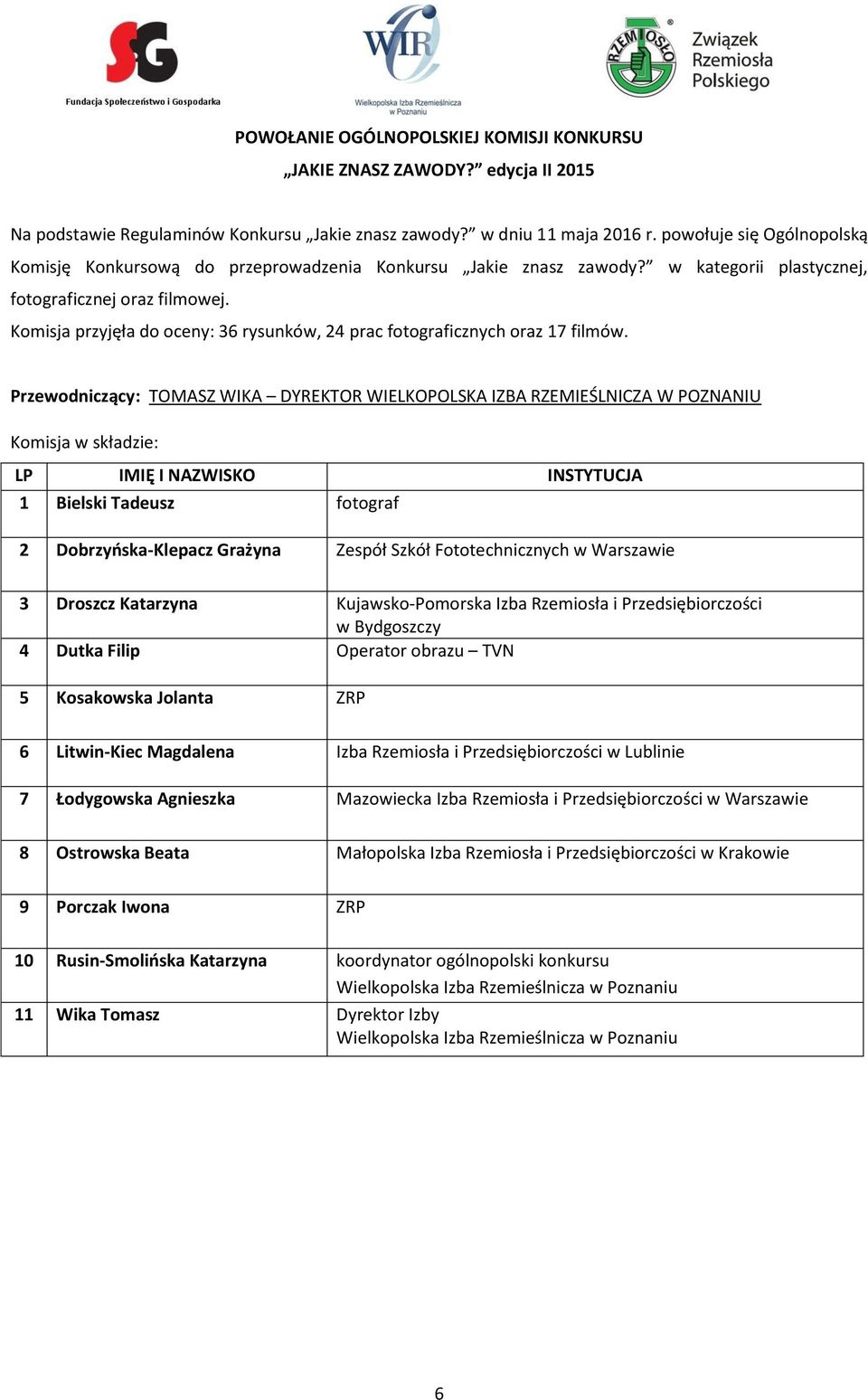 Komisja przyjęła do oceny: 36 rysunków, 24 prac fotograficznych oraz 17 filmów.
