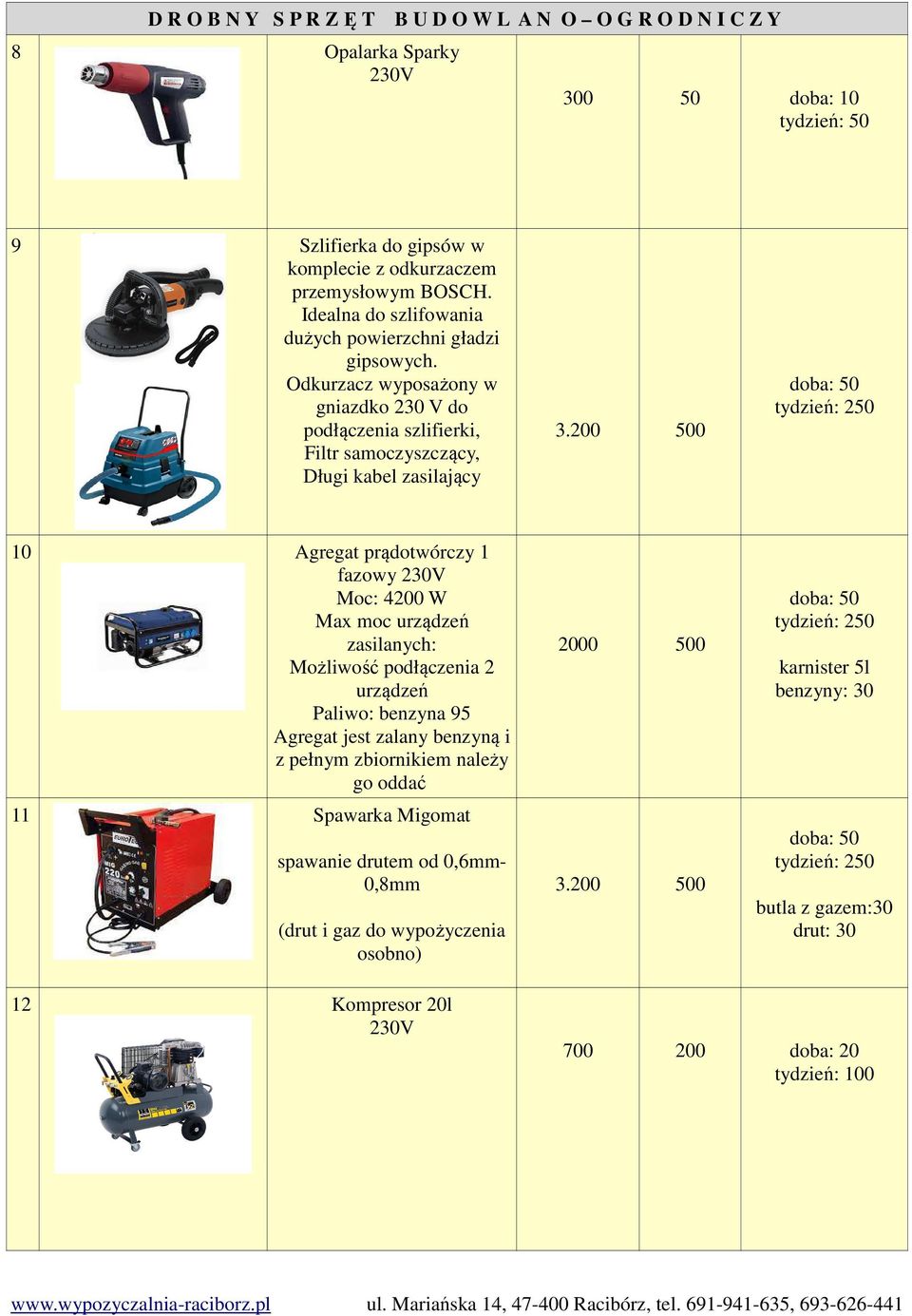 200 500 10 Agregat prądotwórczy 1 fazowy Moc: 4200 W Max moc urządzeń zasilanych: Możliwość podłączenia 2 urządzeń Paliwo: benzyna 95 Agregat jest zalany benzyną i