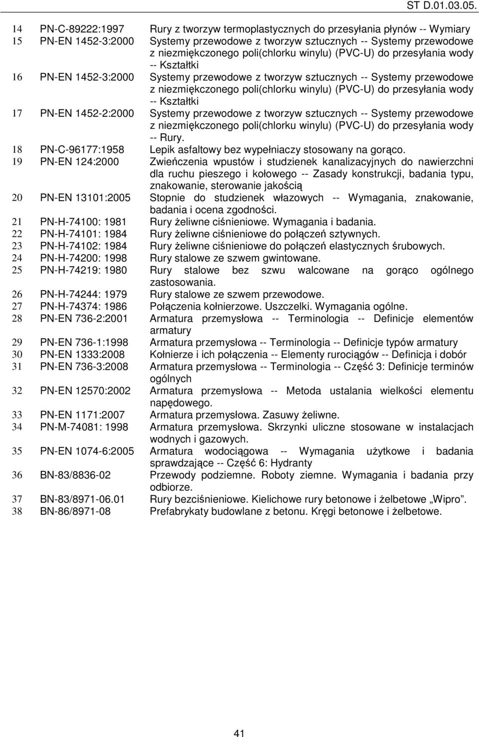 -- Kształtki 17 PN-EN 1452-2:2000 Systemy przewodowe z tworzyw sztucznych -- Systemy przewodowe z niezmiękczonego poli(chlorku winylu) (PVC-U) do przesyłania wody -- Rury.