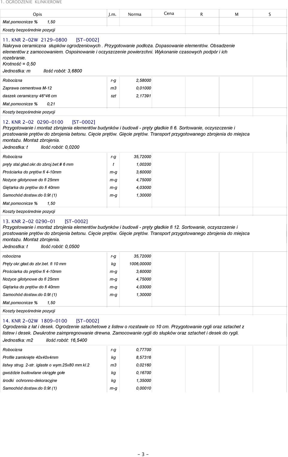 pomocnicze % 0,21 12. KNR 2-02 0290-0100 [ST-0002] Przygotowanie i montaż zbrojenia elementów budynków i budowli - pręty gładkie fi 6.