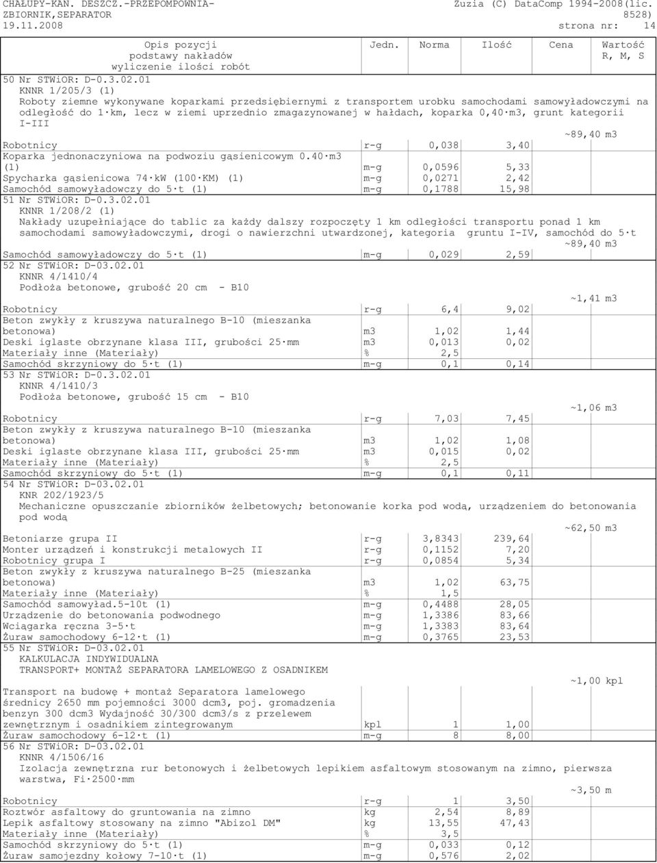 koparka 0,40 m3, grunt kategorii I-III ~89,40 m3 Robotnicy r-g 0,038 3,40 Koparka jednonaczyniowa na podwoziu gąsienicowym 0.