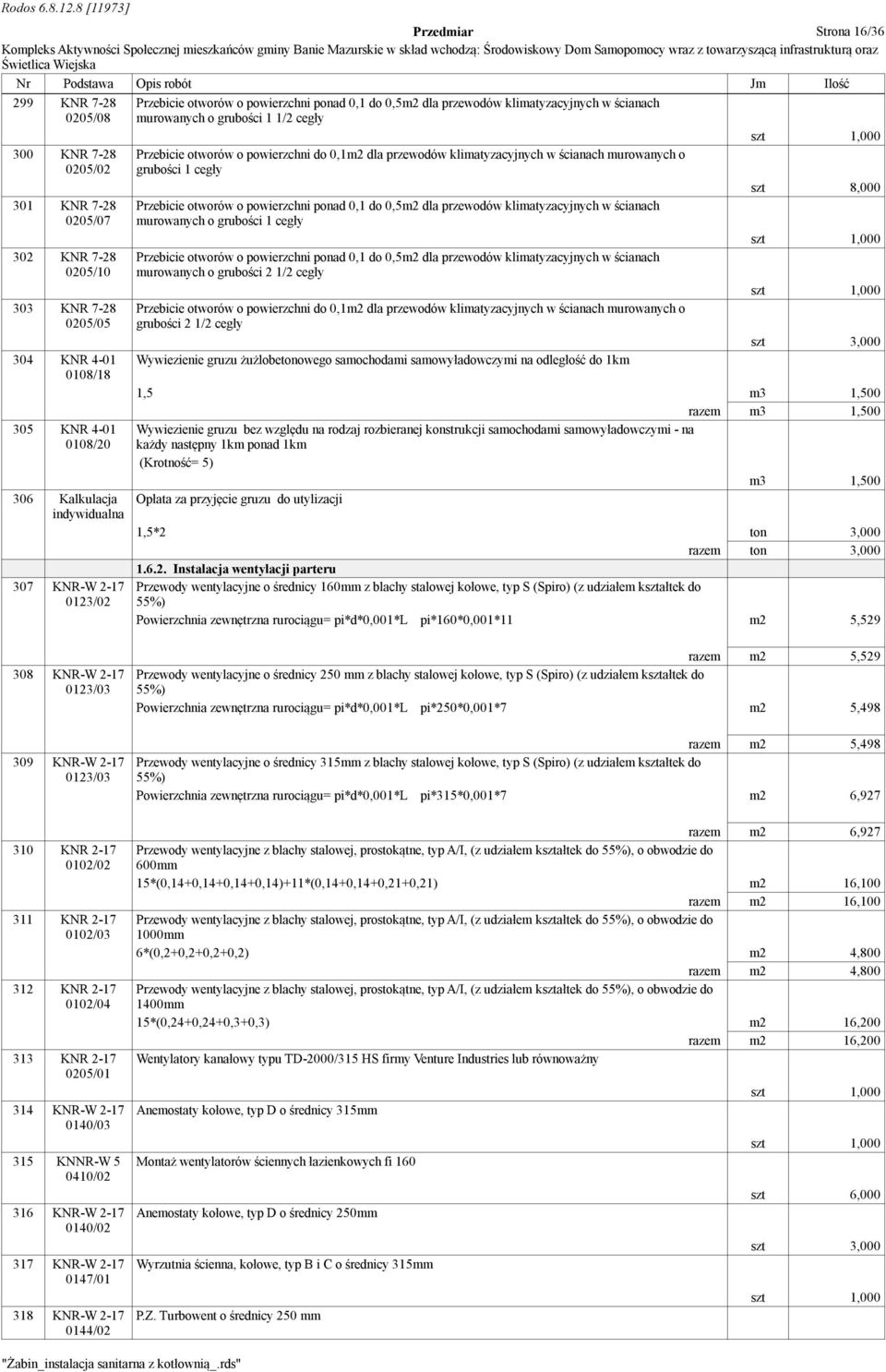 przewodów klimatyzacyjnych w ścianach murowanych o grubości 1 cegły Przebicie otworów o powierzchni ponad 0,1 do 0,5m2 dla przewodów klimatyzacyjnych w ścianach murowanych o grubości 1 cegły