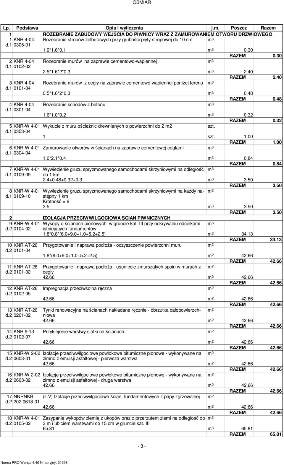 1 3 0.30 2 KNR 4-04 d.1 0102-02 3 KNR 4-04 d.1 0101-04 4 KNR 4-04 d.1 0301-04 5 d.1 0353-04 6 d.1 0304-04 7 d.1 0109-09 8 d.1 0109-10 Rozebranie urów na zaprawie ceentowo-wapiennej 3 0.30 2.5*1.6*2*0.