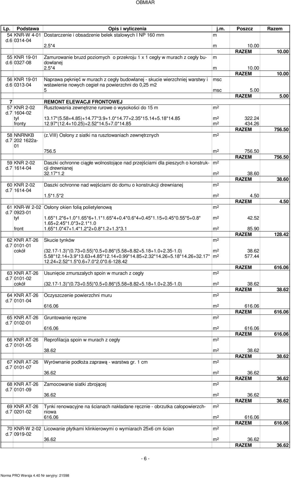 00 Naprawa pęknięć w urach z cegły budowlanej - skucie wierzchniej warstwy i sc wstawienie nowych cegieł na powierzchni do 0,25 2 5 sc 5.00 5.