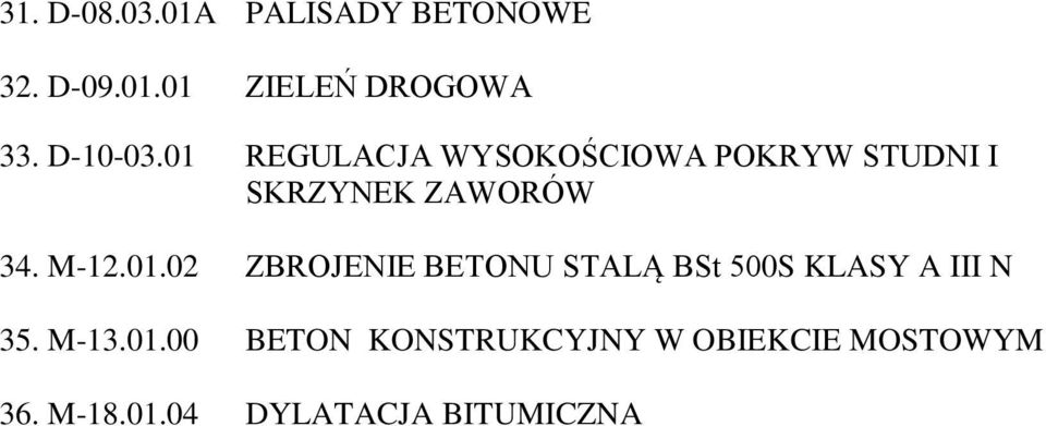 M-12.01.02 ZBROJENIE BETONU STALĄ BSt 500S KLASY A III N 35. M-13.01.00 BETON KONSTRUKCYJNY W OBIEKCIE MOSTOWYM 36.