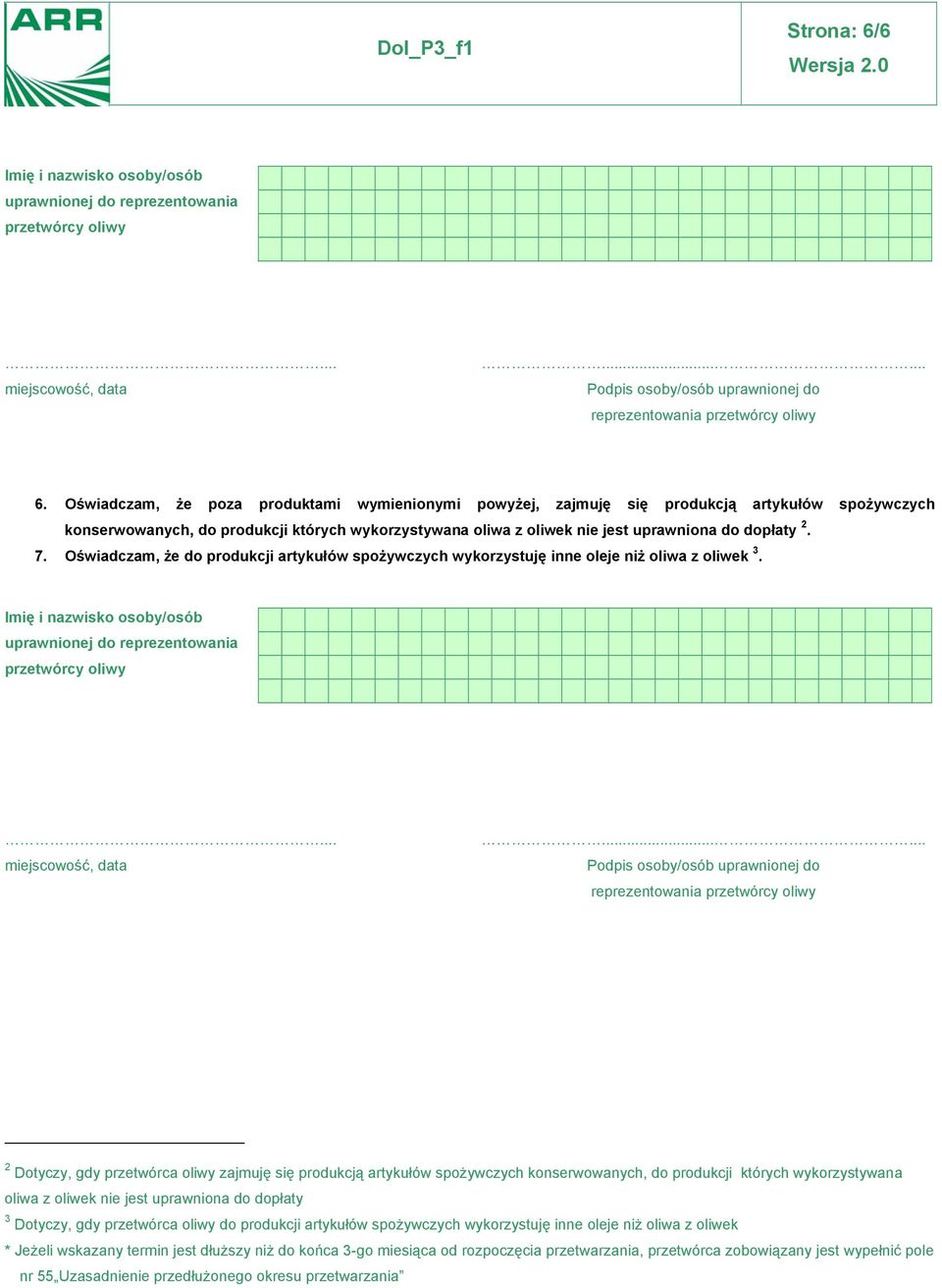 Oświadczam, że do produkcji artykułów spożywczych wykorzystuję inne oleje niż oliwa z oliwek 3. Imię i nazwisko osoby/osób uprawnionej do reprezentowania przetwórcy oliwy... miejscowość, data.