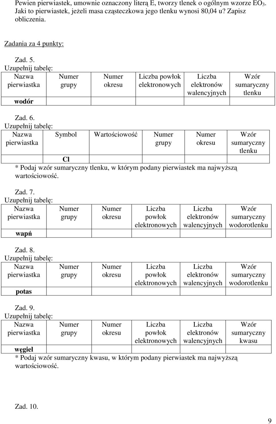 wodór powłok Wzór sumaryczny tlenku Zad. 6. Symbol Wartościowość Cl * Podaj wzór sumaryczny tlenku, w którym podany pierwiastek ma najwyższą wartościowość.