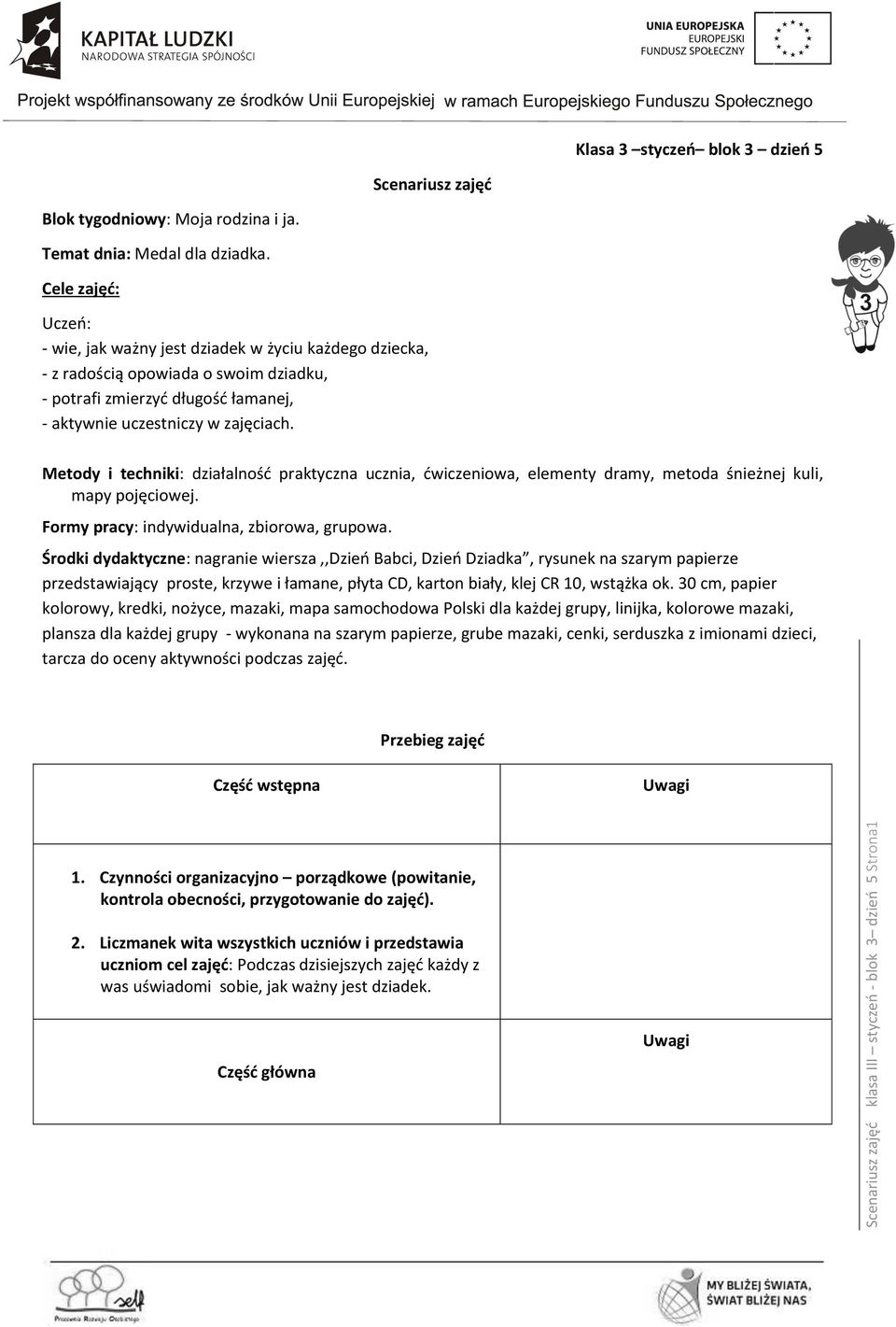 Metody i techniki: działalność praktyczna ucznia, ćwiczeniowa, elementy dramy, metoda śnieżnej kuli, mapy pojęciowej. Formy pracy: indywidualna, zbiorowa, grupowa.