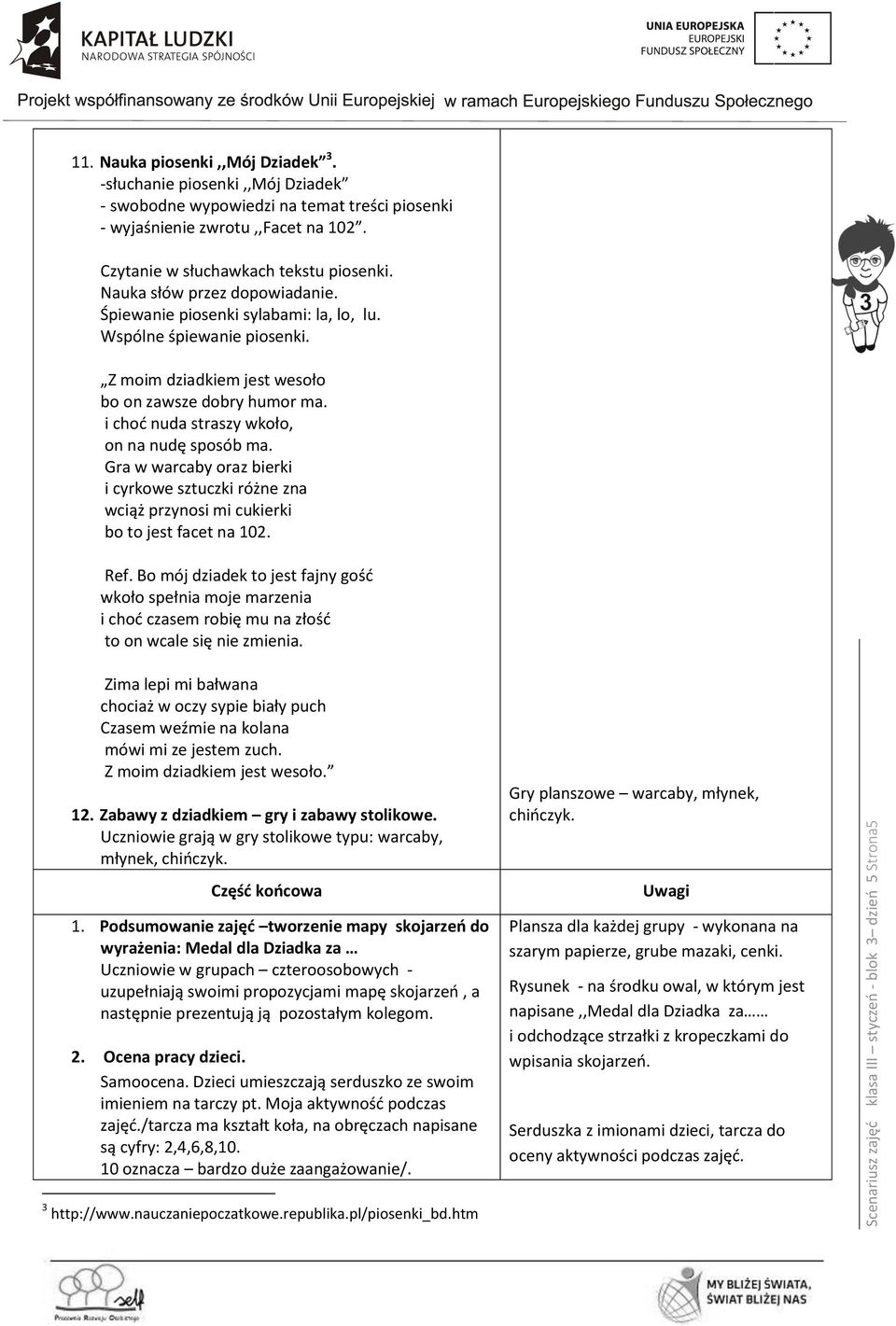Śpiewanie piosenki sylabami: la, lo, lu. Wspólne śpiewanie piosenki. Z moim dziadkiem jest wesoło bo on zawsze dobry humor ma. i choć nuda straszy wkoło, on na nudę sposób ma.