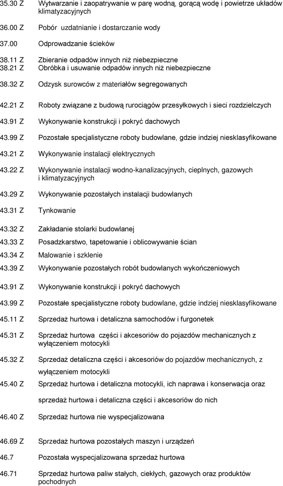 21 Z Roboty związane z budową rurociągów przesyłkowych i sieci rozdzielczych 43.91 Z Wykonywanie konstrukcji i pokryć dachowych 43.