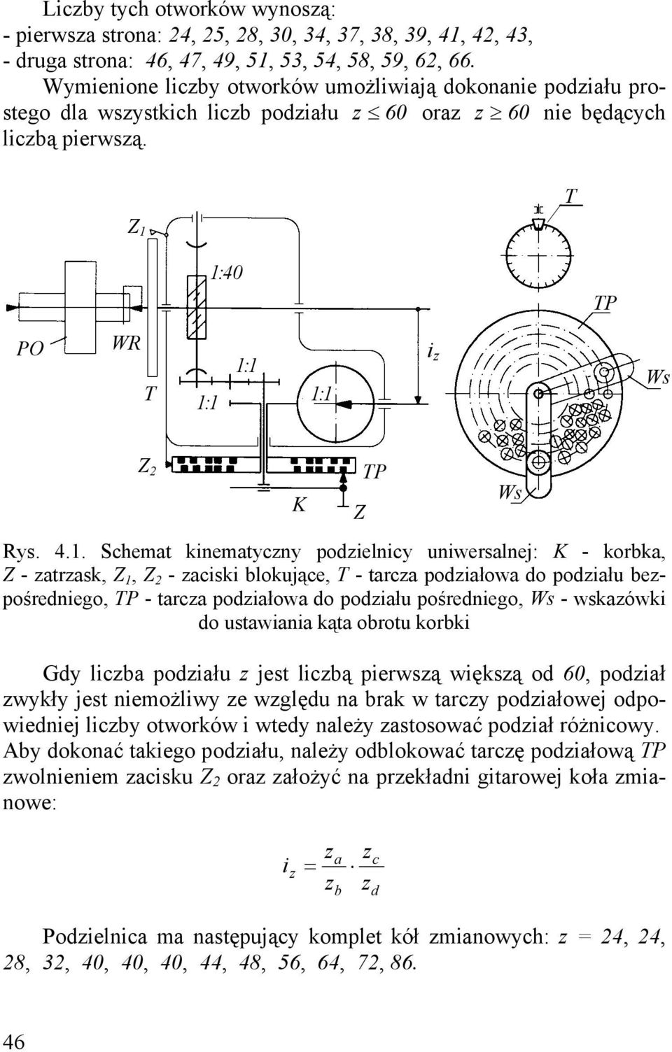 . Schemat knematycny podelncy unwersalnej: - korbka, Z - atrask, Z, Z 2 - acsk blokujące, T - tarca podałowa do podału bepośrednego, TP - tarca podałowa do podału pośrednego, Ws - wskaówk do ustawana