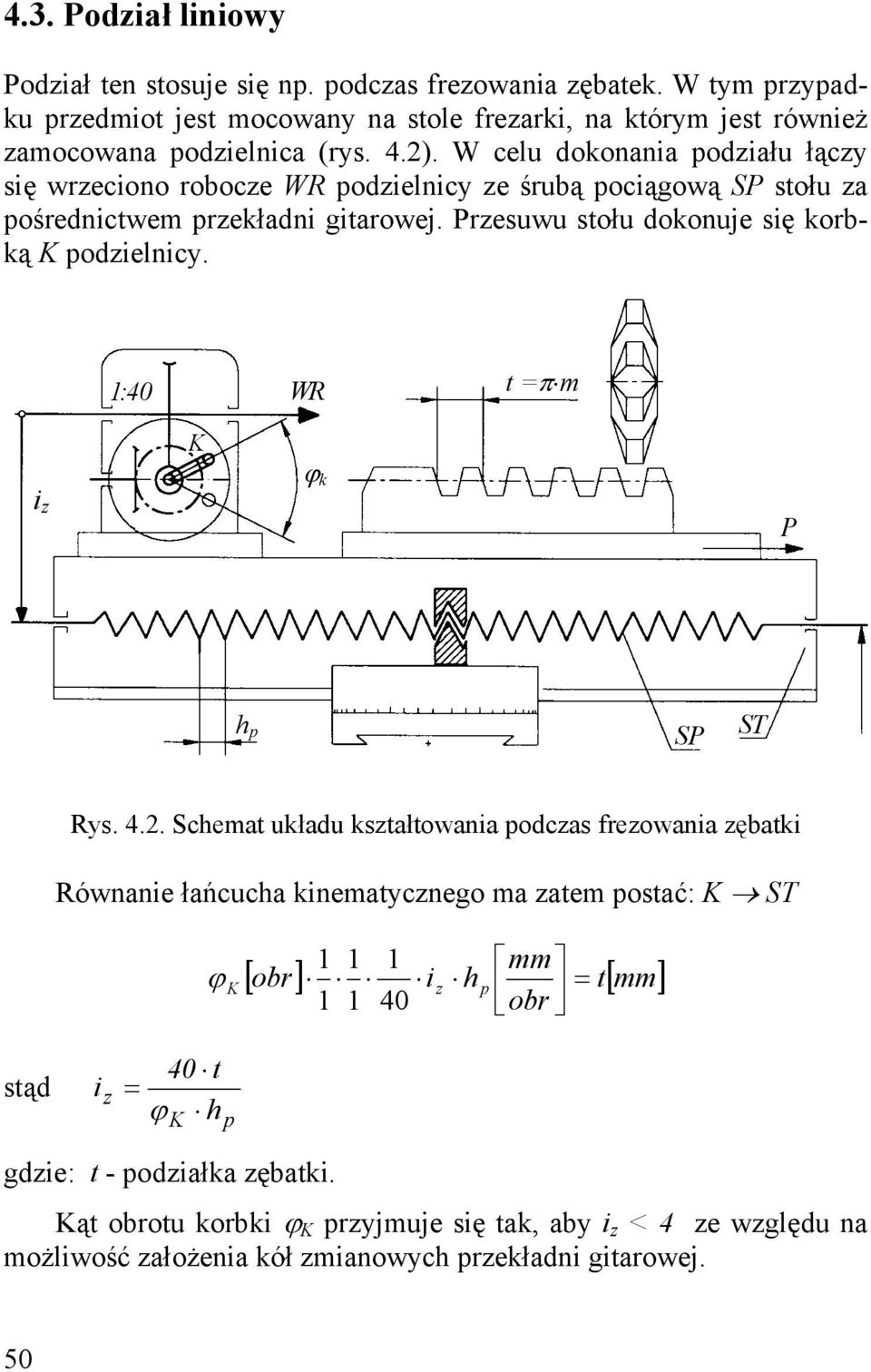 W celu dokonana podału łący sę wrecono roboce WR podelncy e śrubą pocągową SP stołu a pośrednctwem prekładn gtarowej. Presuwu stołu dokonuje sę korbką podelncy.