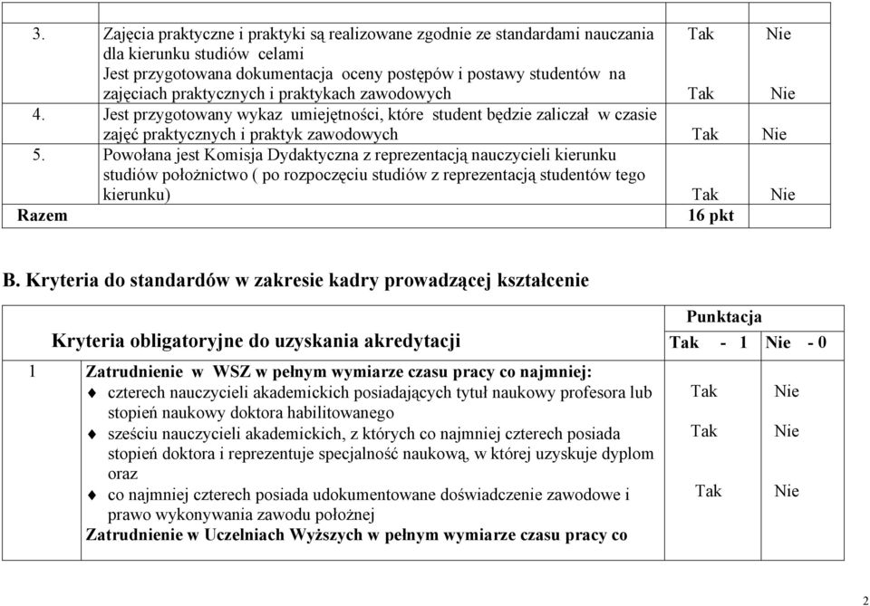 Powołana jest Komisja Dydaktyczna z reprezentacją nauczycieli kierunku studiów położnictwo ( po rozpoczęciu studiów z reprezentacją studentów tego kierunku) Razem 16 pkt B.