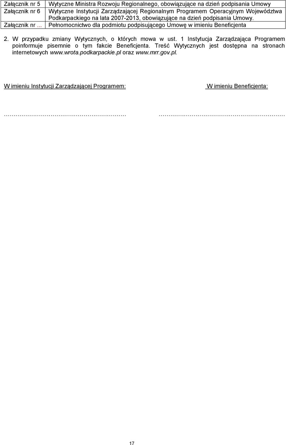 Podkarpackiego na lata 2007-2013, obowiązujące na dzień podpisania Umowy. Pełnomocnictwo dla podmiotu podpisującego Umowę w imieniu Beneficjenta 2.