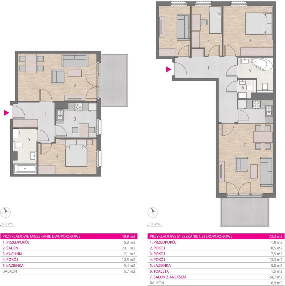 ŁAZIENKA 5,4 m2 BALKON 6,7 m2 PRZYKŁADOWE MIESZKANIE CZTEROPOKOJOWE 72,3 m2 1.