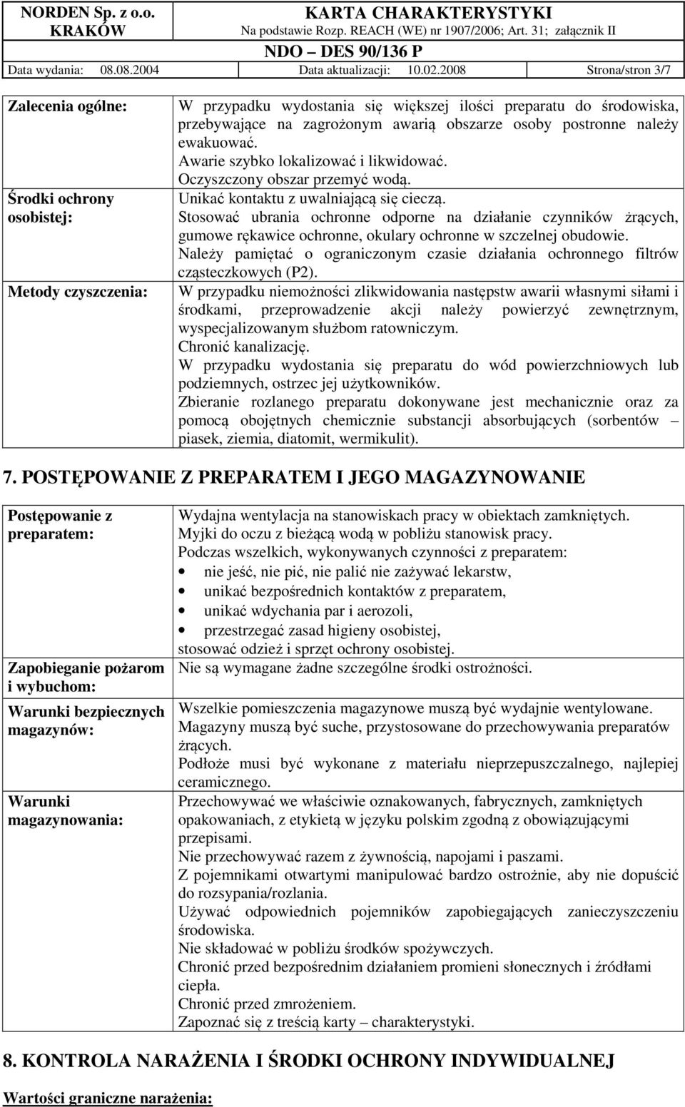 osoby postronne należy ewakuować. Awarie szybko lokalizować i likwidować. Oczyszczony obszar przemyć wodą. Unikać kontaktu z uwalniającą się cieczą.
