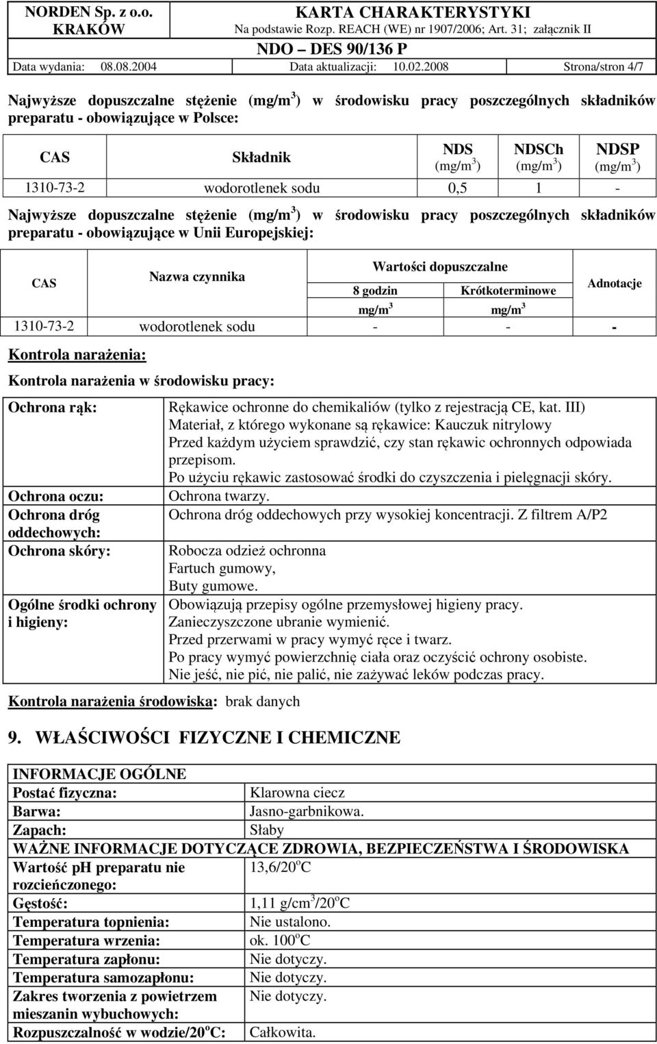 wodorotlenek sodu 0,5 1 - NDSP (mg/m 3 ) Najwyższe dopuszczalne stężenie (mg/m 3 ) w środowisku pracy poszczególnych składników preparatu - obowiązujące w Unii Europejskiej: CAS Nazwa czynnika