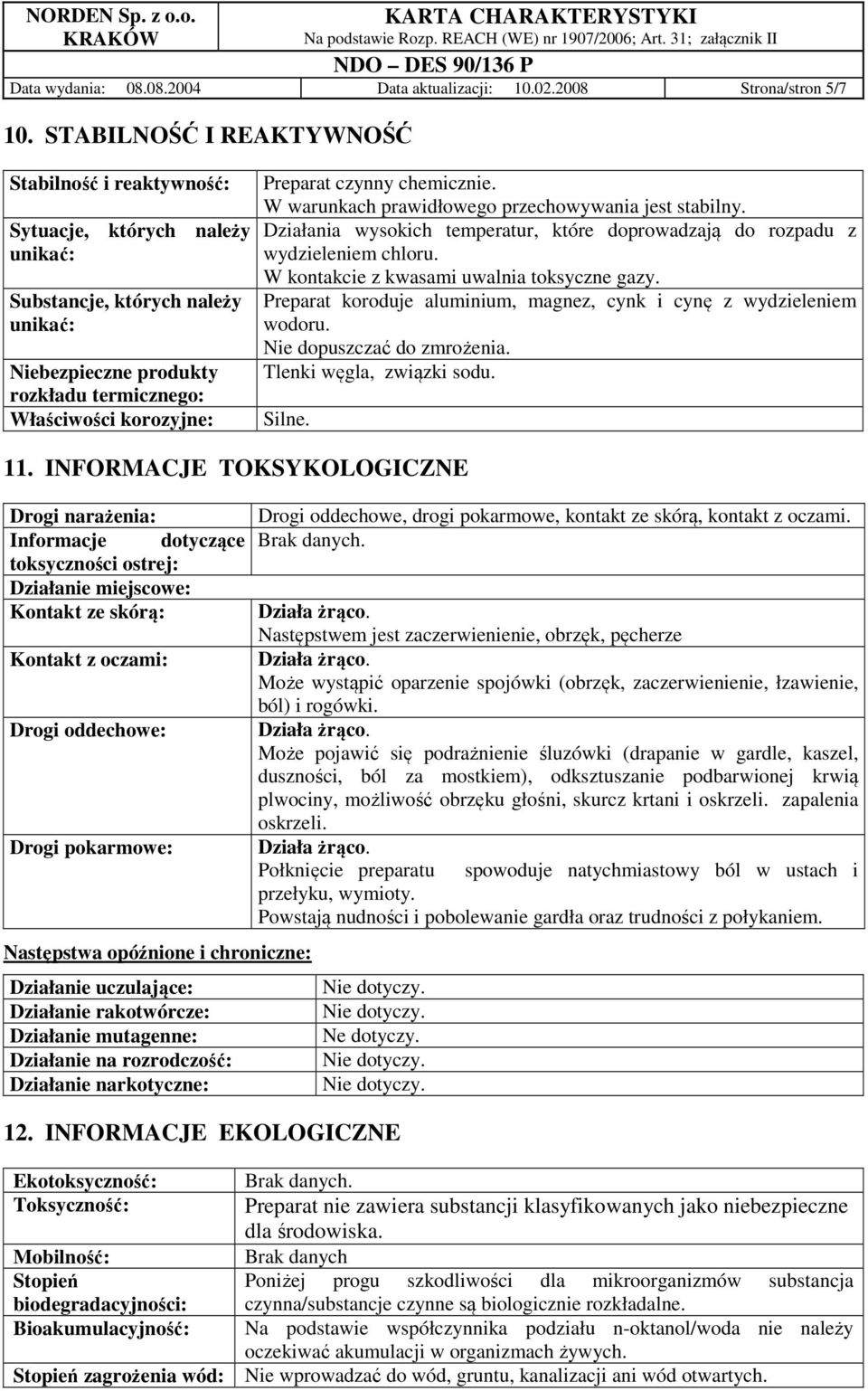 czynny chemicznie. W warunkach prawidłowego przechowywania jest stabilny. Działania wysokich temperatur, które doprowadzają do rozpadu z wydzieleniem chloru.