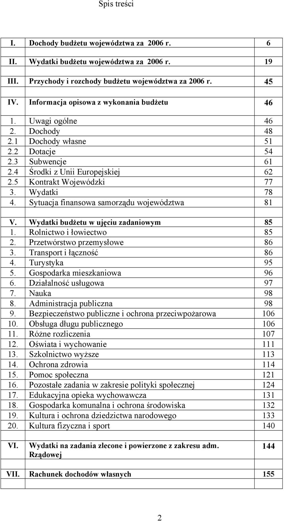 Wydatki 78 4. Sytuacja finansowa samorządu województwa 81 V. Wydatki budżetu w ujęciu zadaniowym 85 1. Rolnictwo i łowiectwo 85 2. Przetwórstwo przemysłowe 86 3. Transport i łączność 86 4.