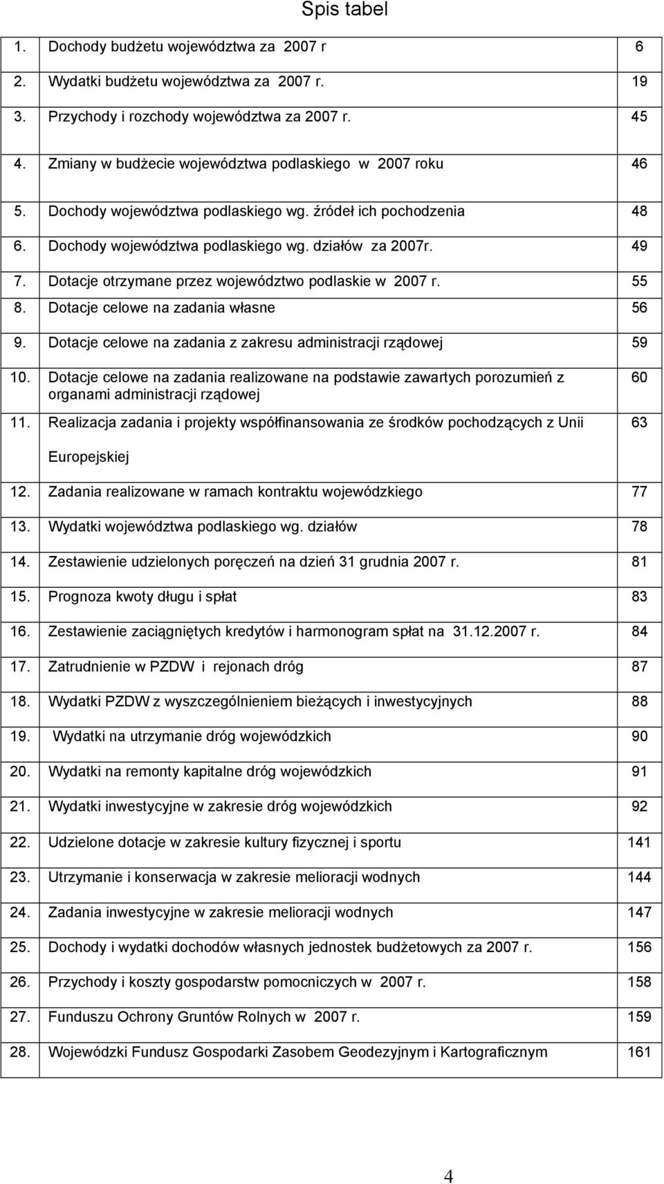 Dotacje otrzymane przez województwo podlaskie w 2007 r. 55 8. Dotacje celowe na zadania własne 56 9. Dotacje celowe na zadania z zakresu administracji rządowej 59 10.