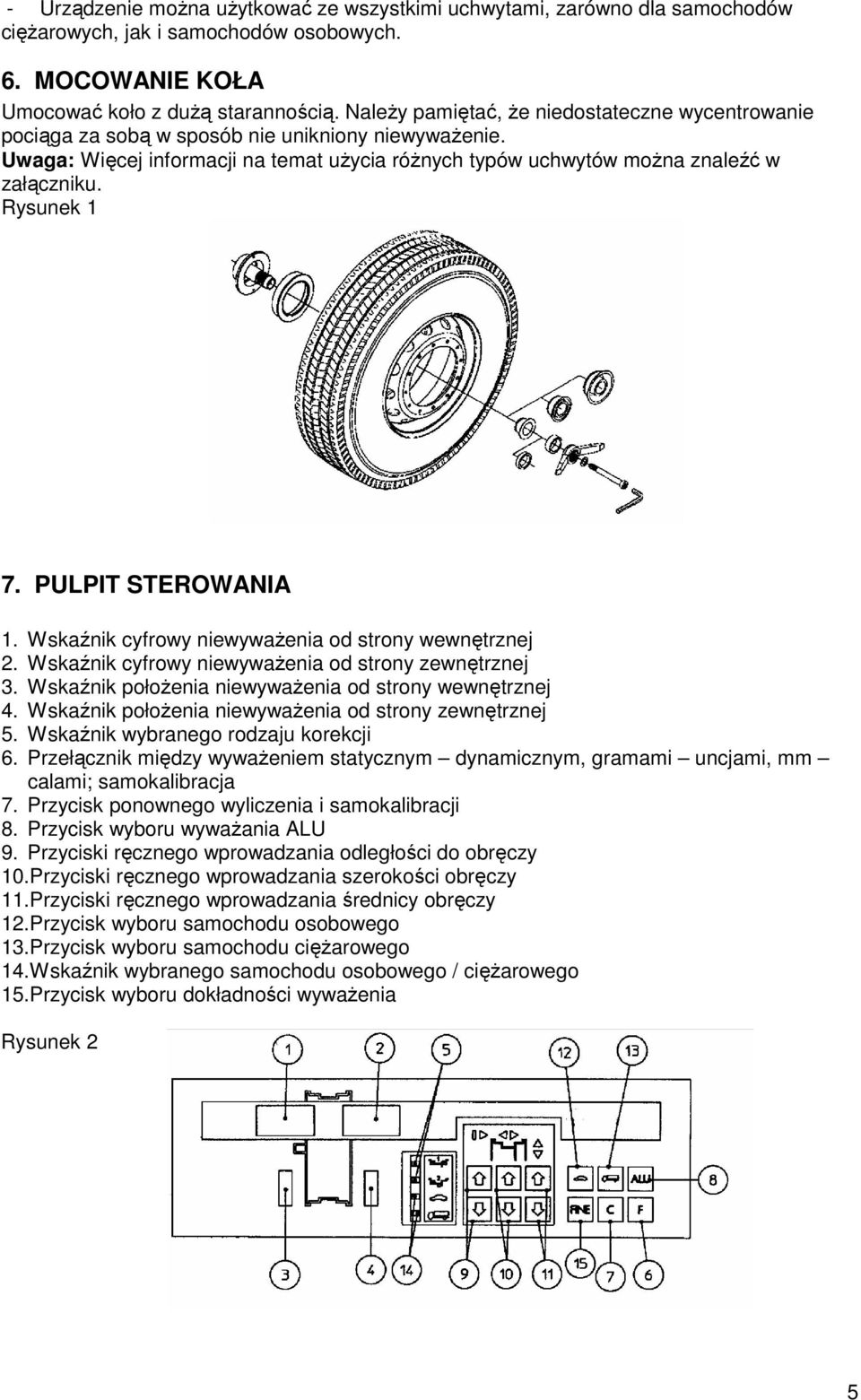 Rysunek 1 7. PULPIT STEROWANIA 1. Wskaźnik cyfrowy niewywaŝenia od strony wewnętrznej 2. Wskaźnik cyfrowy niewywaŝenia od strony zewnętrznej 3. Wskaźnik połoŝenia niewywaŝenia od strony wewnętrznej 4.