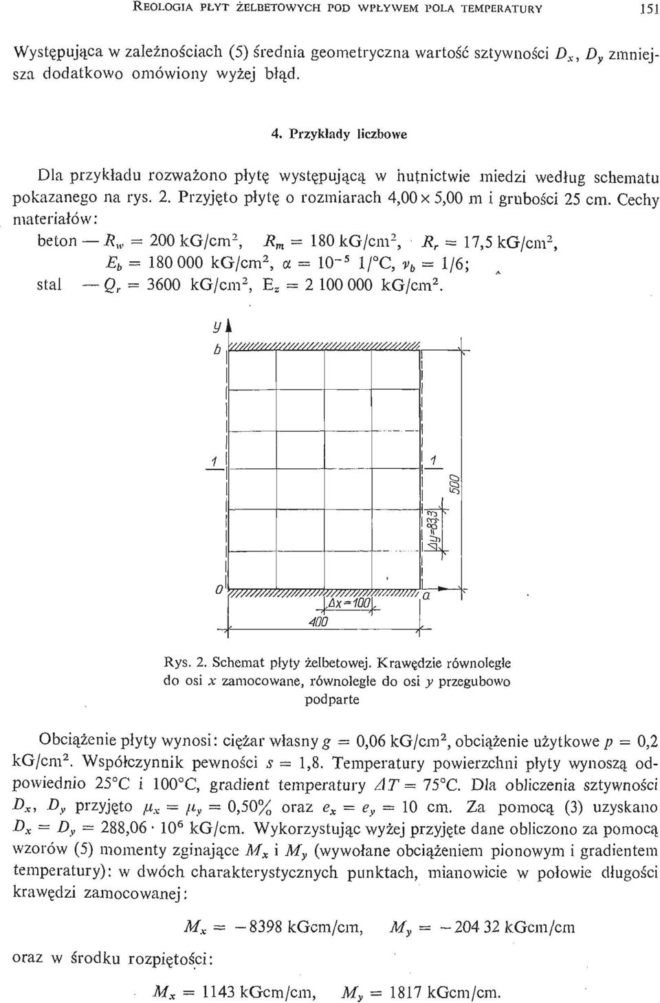 Cechy materiałów: beton R w = 200 kg/ cm 2, R m = 180 kg/ cm 2, R r = 17,5 kg/ cm 2, E b = 180 000 kg/ cm 2, a = 10~ 5 1/ C, v b = 1/6; stal Q r = 3600 kg/ cm 2, E z = 2 100 000 kg/ cm 2.