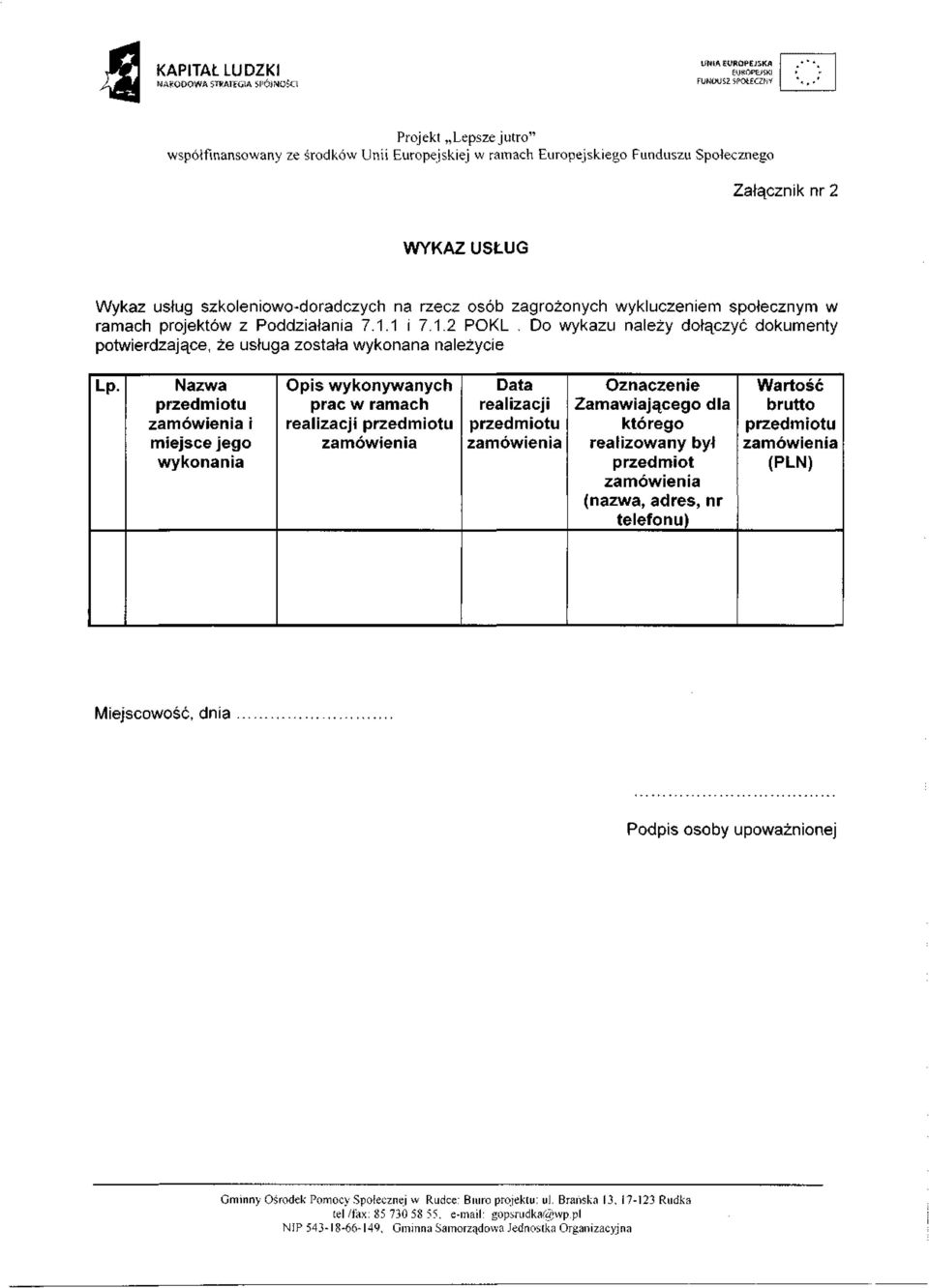 Do wykazu należy dołączyć dokumenty potwierdzające, że usługa została wykonana należycie Lp.