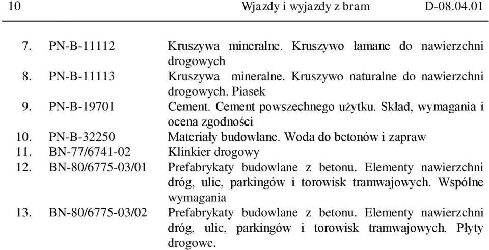 PN-B-32250 Materiały budowlane. Woda do betonów i zapraw 11. BN-77/6741-02 Klinkier drogowy 12. BN-80/6775-03/01 Prefabrykaty budowlane z betonu.