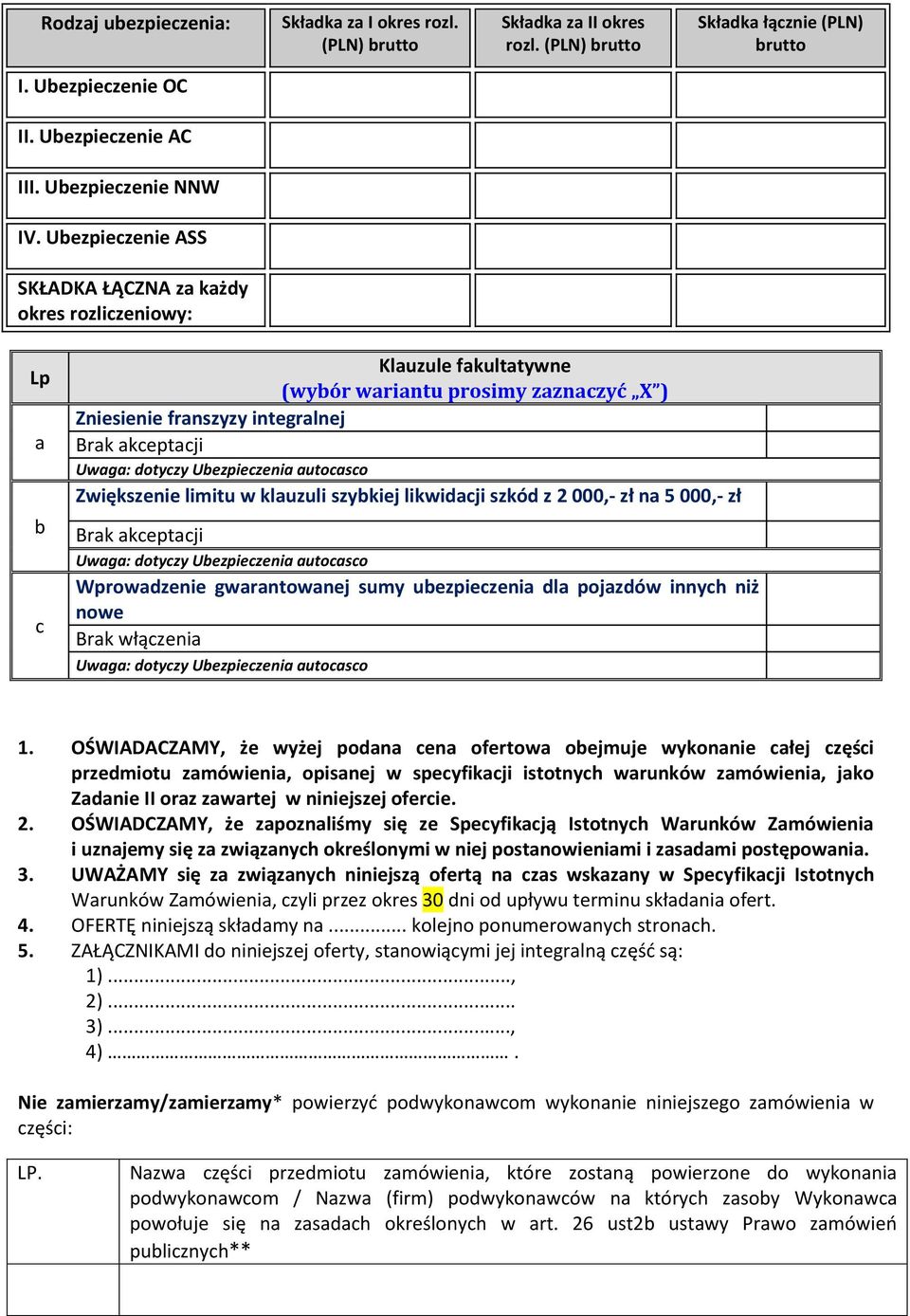 Ubezpieczenia autocasco Zwiększenie limitu w klauzuli szybkiej likwidacji szkód z 2 000,- zł na 5 000,- zł Brak akceptacji Uwaga: dotyczy Ubezpieczenia autocasco Wprowadzenie gwarantowanej sumy