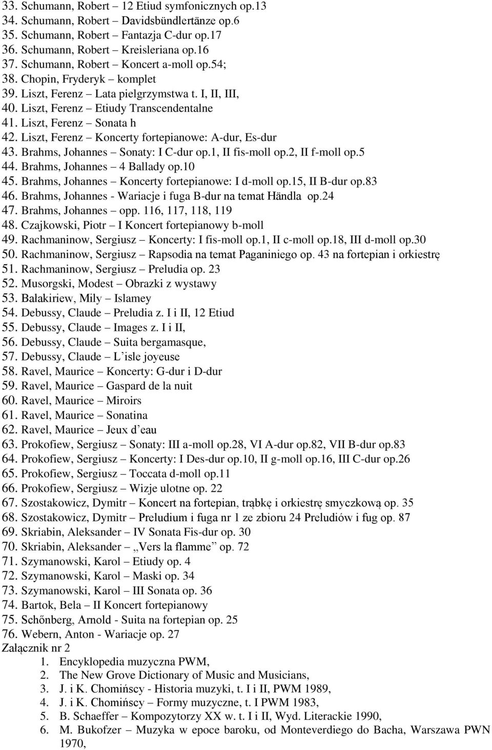 Liszt, Ferenz Koncerty fortepianowe: A-dur, Es-dur 43. Brahms, Johannes Sonaty: I C-dur op.1, II fis-moll op.2, II f-moll op.5 44. Brahms, Johannes 4 Ballady op.10 45.