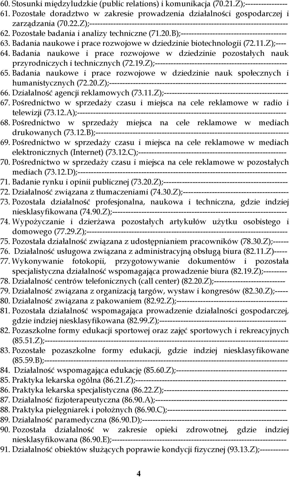 Badania naukowe i prace rozwojowe w dziedzinie biotechnologii (72.11.Z);---- 64. Badania naukowe i prace rozwojowe w dziedzinie pozostałych nauk przyrodniczych i technicznych (72.19.