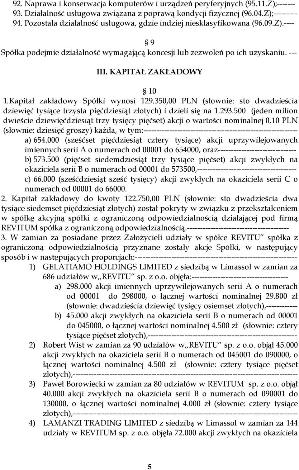 Kapitał zakładowy Spółki wynosi 129.350,00 PLN (słownie: sto dwadzieścia dziewięć tysiące trzysta pięćdziesiąt złotych) i dzieli się na 1.293.