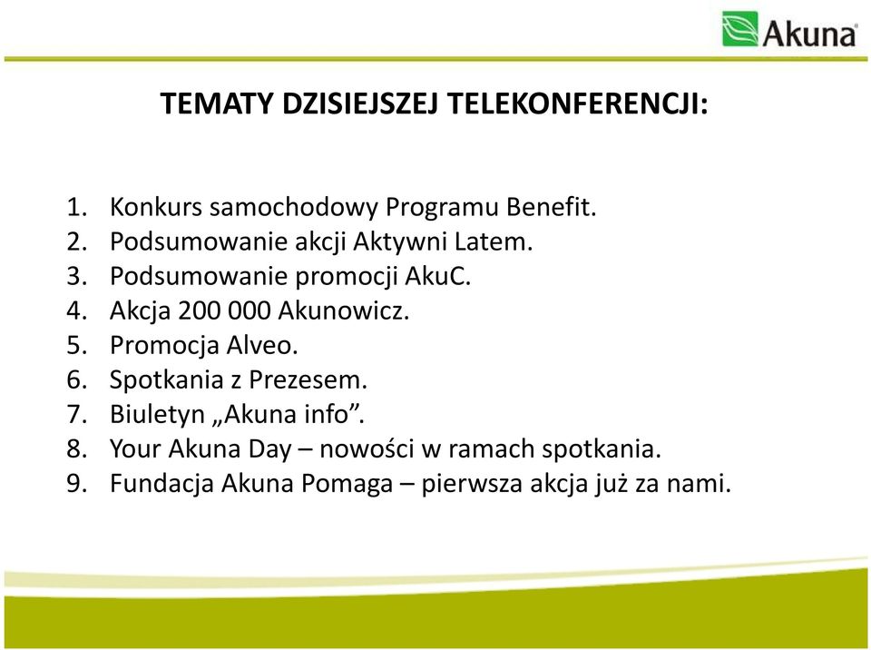 Akcja 200 000 Akunowicz. 5. Promocja Alveo. 6. Spotkania z Prezesem. 7.