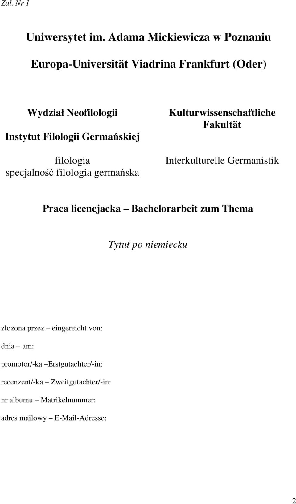 Germańskiej filologia specjalność filologia germańska Kulturwissenschaftliche Fakultät Interkulturelle Germanistik