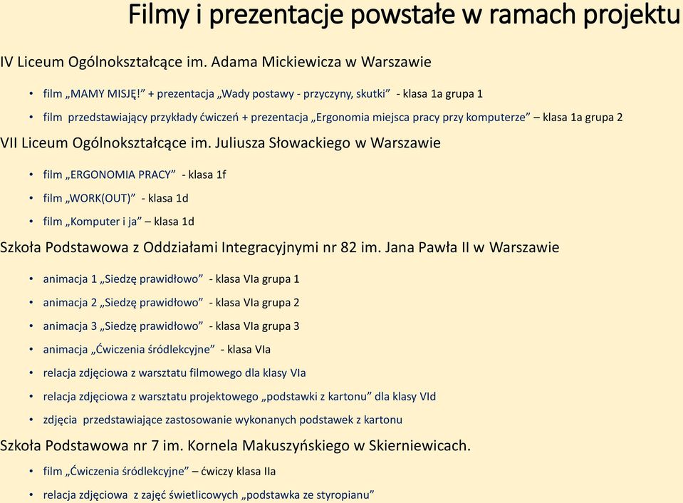 Ogólnokształcące im. Juliusza Słowackiego w Warszawie film ERGONOMIA PRACY - klasa 1f film WORK(OUT) - klasa 1d film Komputer i ja klasa 1d Szkoła Podstawowa z Oddziałami Integracyjnymi nr 82 im.