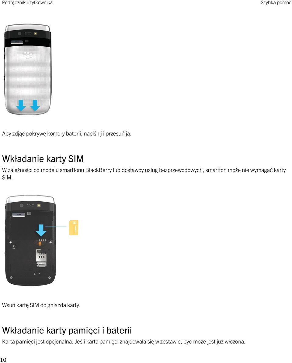 bezprzewodowych, smartfon może nie wymagać karty SIM. Wsuń kartę SIM do gniazda karty.