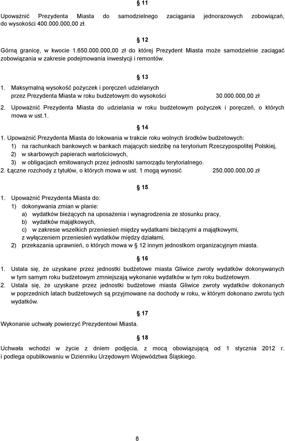 Maksymalną wysokość pożyczek i poręczeń udzielanych przez Prezydenta Miasta w roku budżetowym do wysokości 30.000.000,00 zł 2.