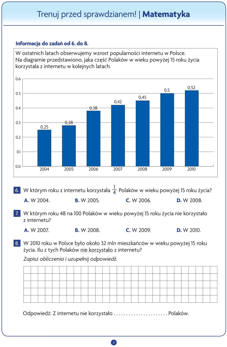 0 2004 2005 2006 2007 2008 2009 2010 6. W którym roku z internetu korzystała 1 4 Polaków w wieku powyżej 15 roku życia? A. W 2004. B. W 2005. C. W 2006. D. W 2008. 7.