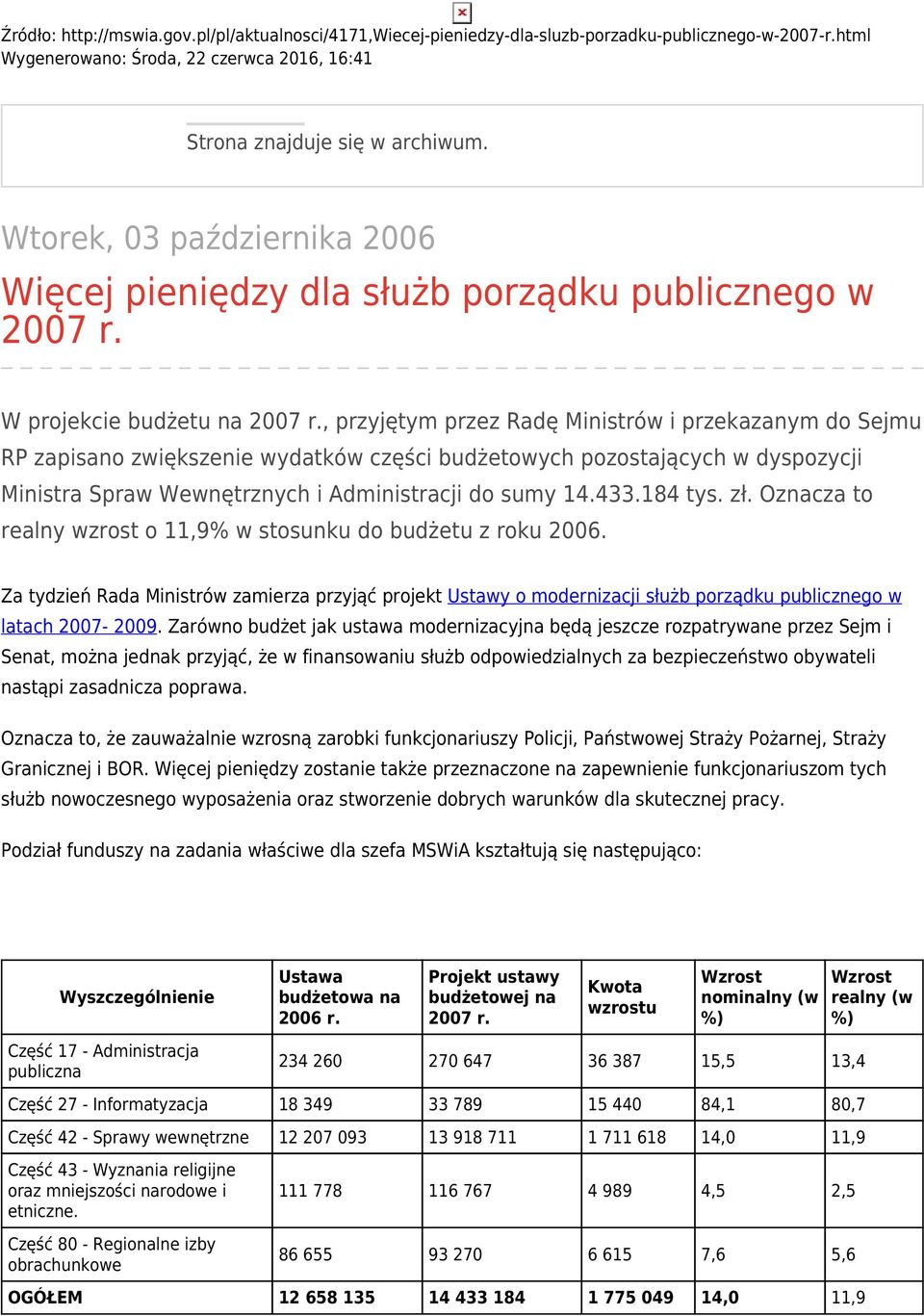 , przyjętym przez Radę Ministrów i przekazanym do Sejmu RP zapisano zwiększenie wydatków części budżetowych pozostających w dyspozycji Ministra Spraw Wewnętrznych i Administracji do sumy 14.433.