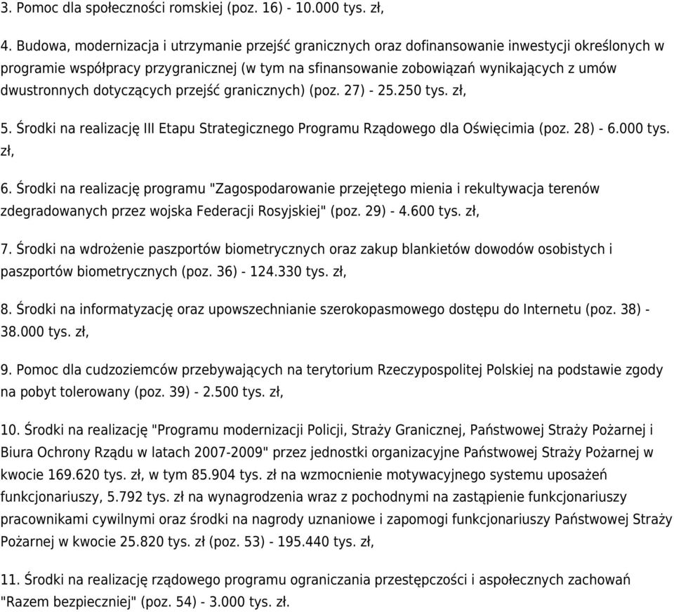 dwustronnych dotyczących przejść granicznych) (poz. 27) - 25.250 tys. zł, 5. Środki na realizację III Etapu Strategicznego Programu Rządowego dla Oświęcimia (poz. 28) - 6.000 tys. zł, 6.