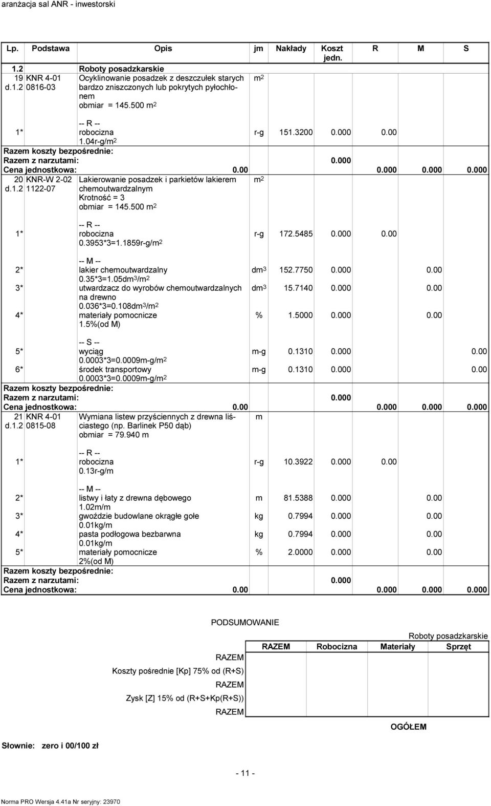 35*3=.05dm 3 / 3* utwardzacz do wyrobów chemoutwardzalnych dm 3 5.740 0.000 0.00 na drewno 0.036*3=0.08dm 3 / 4* materiały pomocnicze.5%(od M) %.5000 0.000 0.00 m-g 0.30 0.000 0.00 m-g 0.30 0.000 0.00 5* wyciąg 0.