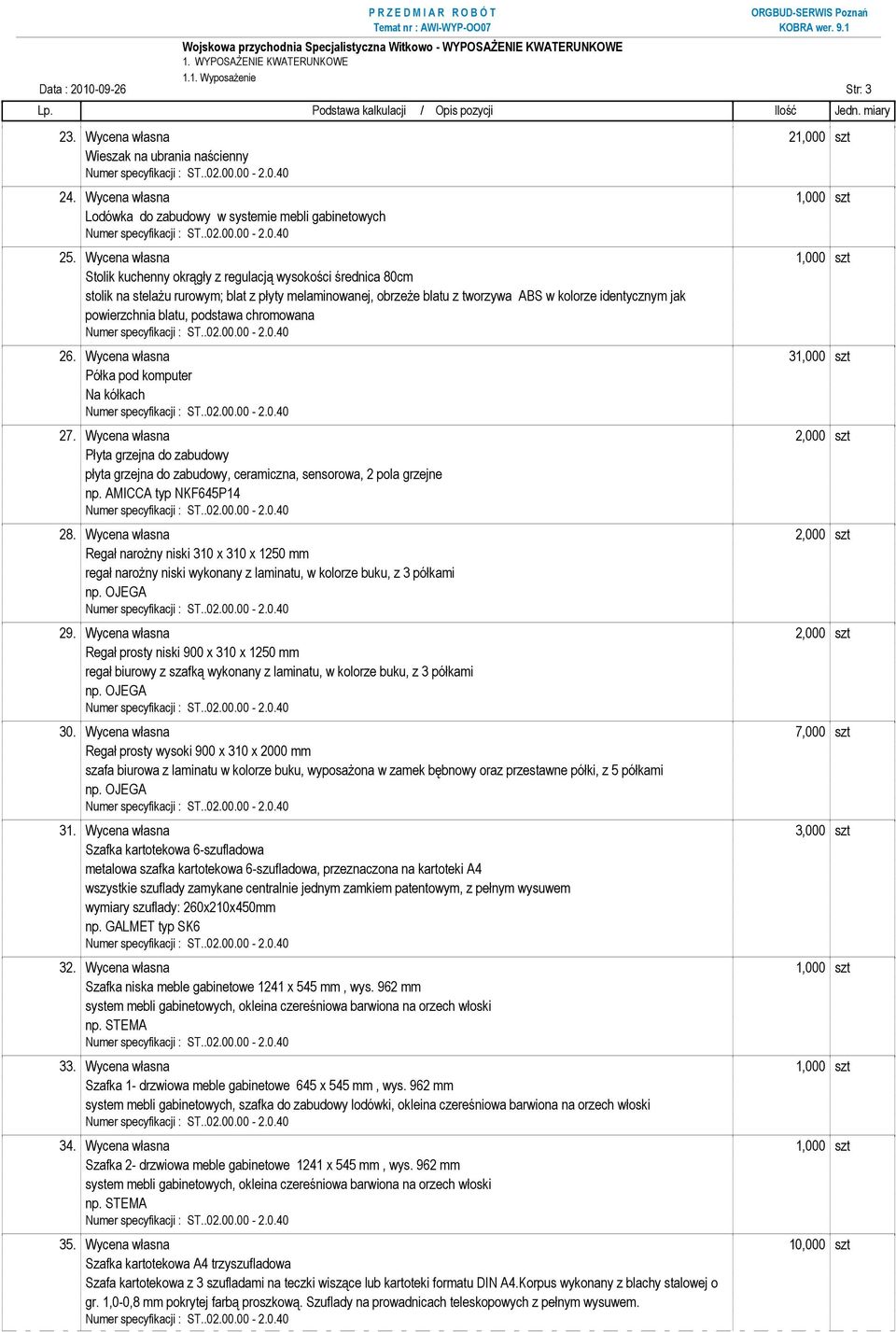powierzchnia blatu, podstawa chromowana 26. Wycena własna 31,000 szt Półka pod komputer Na kółkach 27.