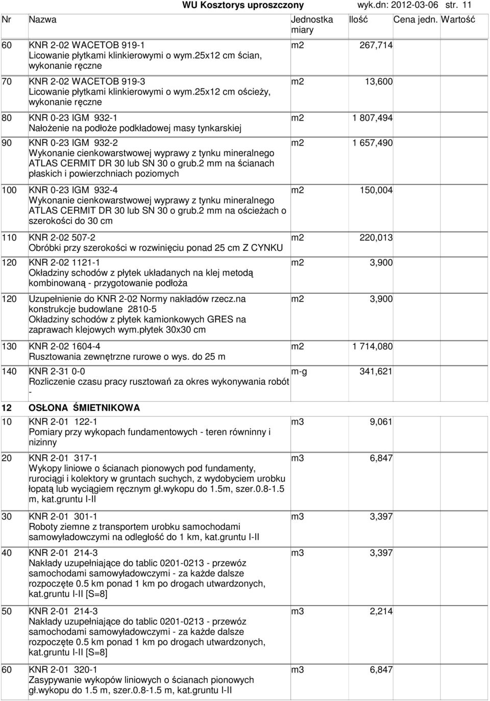 25x12 c ościeŝy, wykonanie ręczne 80 KNR 0-23 IGM 932-1 1 807,494 NałoŜenie na podłoŝe podkładowej asy tynkarskiej 90 KNR 0-23 IGM 932-2 Wykonanie cienkowarstwowej wyprawy z tynku ineralnego ATLAS